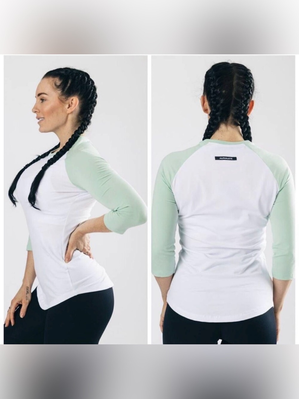 Alphalete Raglan Long Sleeve Tee in Mint and White
